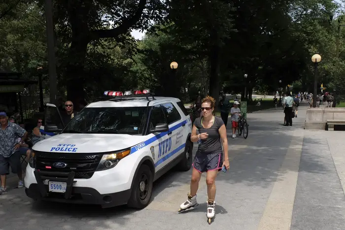 New York Police Department (NYPD) officers patrol in Central Park on July 8, 2016.